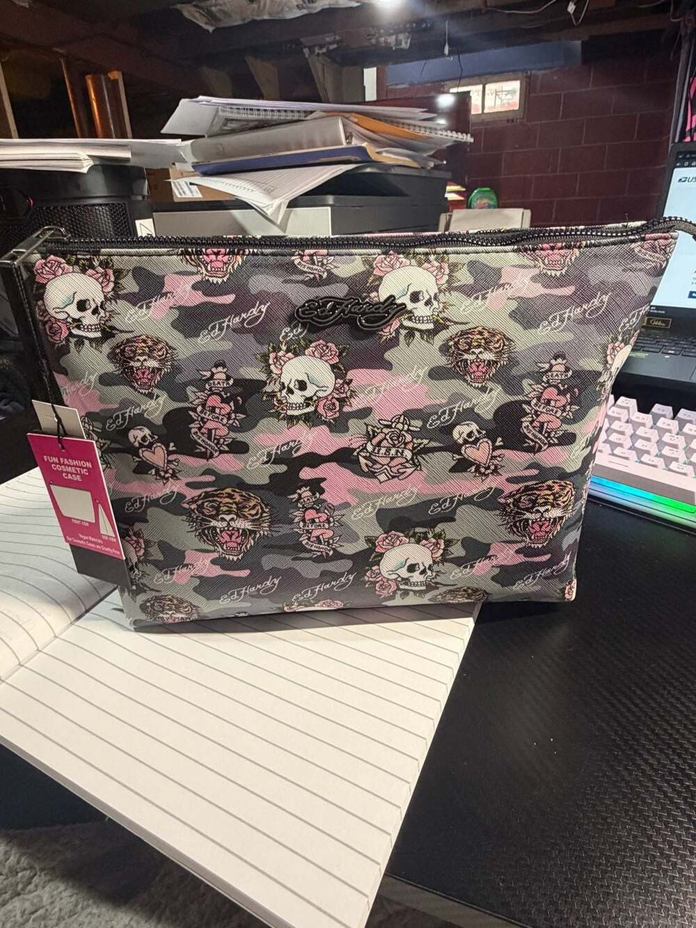 Ed Hardy Pink Camo Skull Tiger Rose Cosmetic Case Pouch NWT